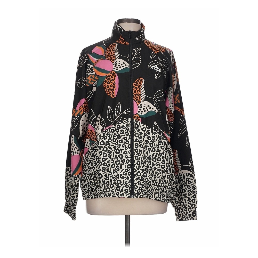 Adidas FARM Rio Windbreaker Jacket Womens L Black Multi NEW Floral Leopard AOP